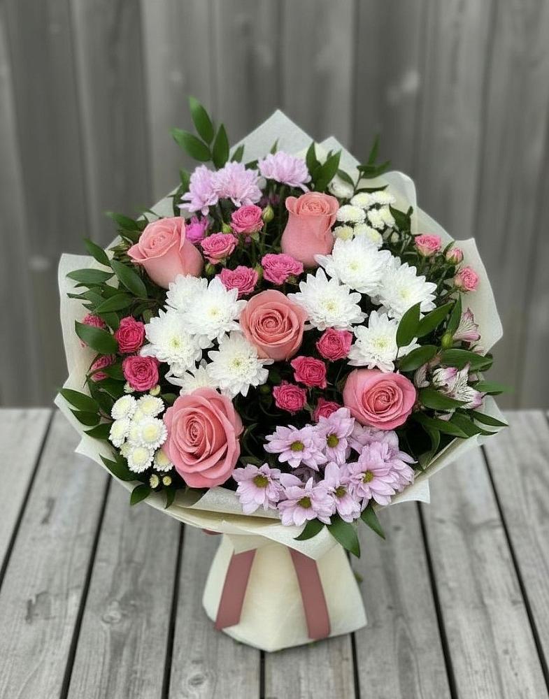 Букет цветов из: Альстромерии, Гвоздики, Розы и Хризантемы в Бакшеево