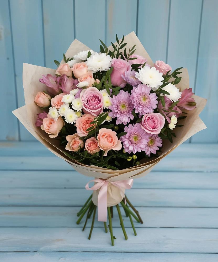 Букет цветов из: Хризантемы, Розы и Альстромерии в Бакшеево
