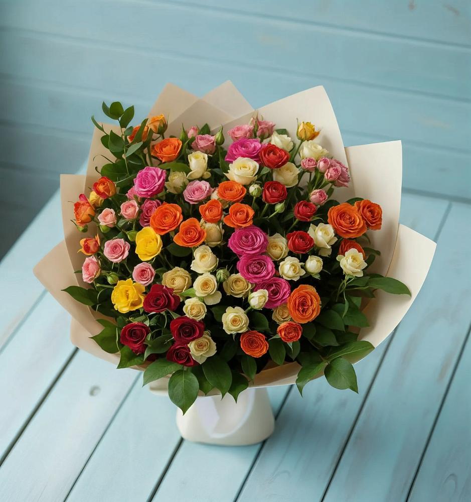 Букет Микс из разноцветных кустовых роз в Бакшеево