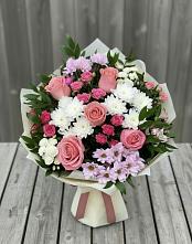 Букет цветов из:  Альстромерии, Гвоздики, Розы и Хризантемы в Бакшеево